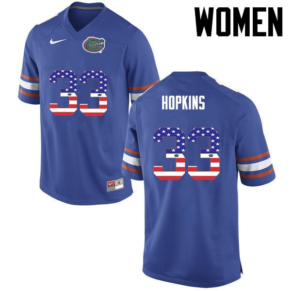 Women's NCAA Florida Gators Tyriek Hopkins #33 Stitched Authentic USA Flag Fashion Nike Blue College Football Jersey JGZ0465LE